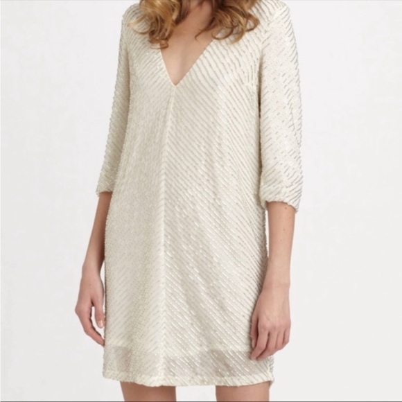 ERIN by Erin Fetherston Ivory Bugle Beaded V Neck Shift Mini Dress - Size 6 - Picture 1 of 12
